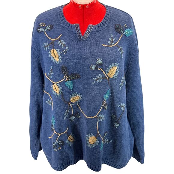 Extra Point Vintage Blue Floral Embroidered Granny Pullover Sweater Women 2XL - Picture 1 of 7